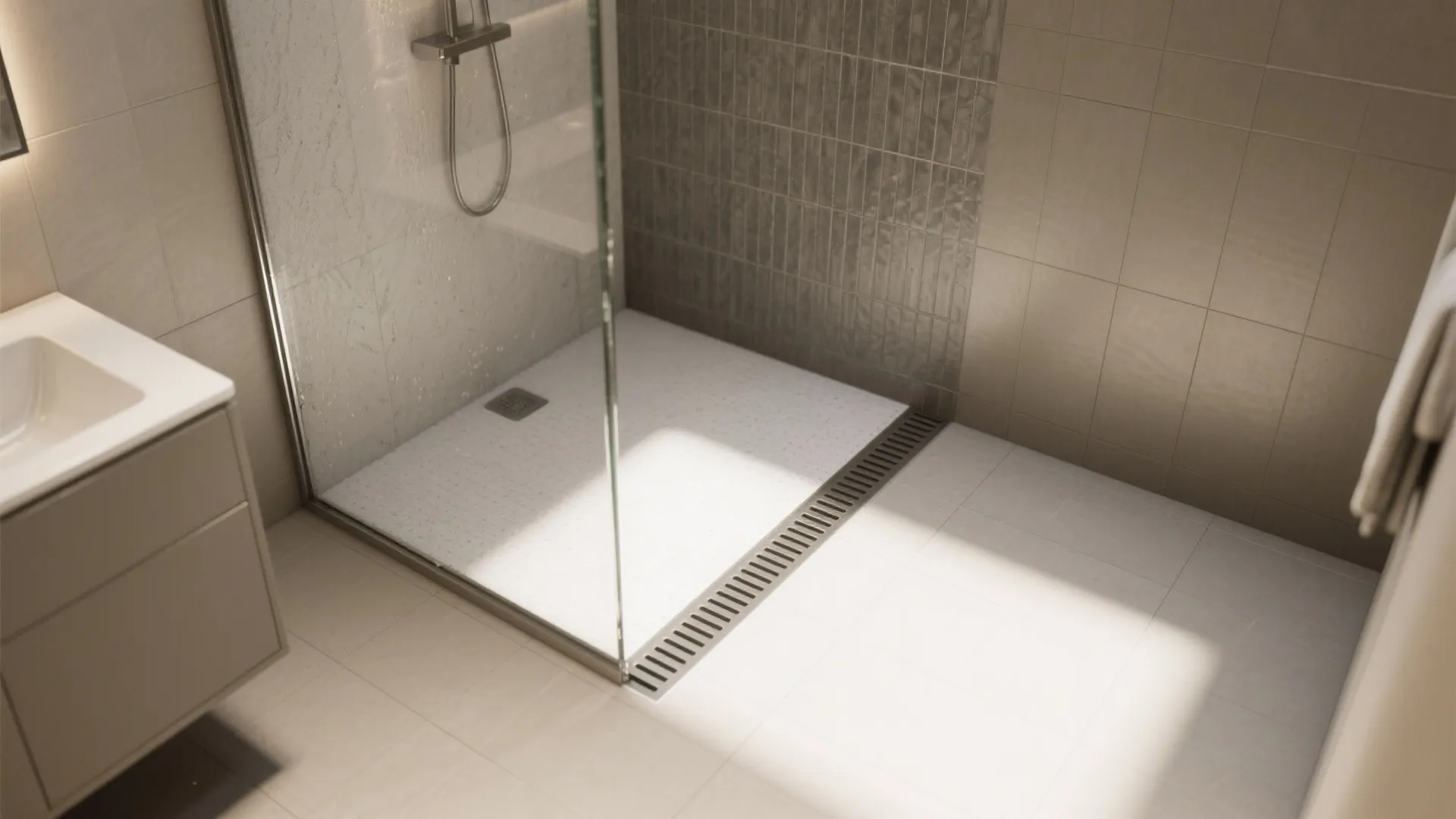Modern shower area featuring glass wall brown tiles and long metal floor drain near bathroom sink