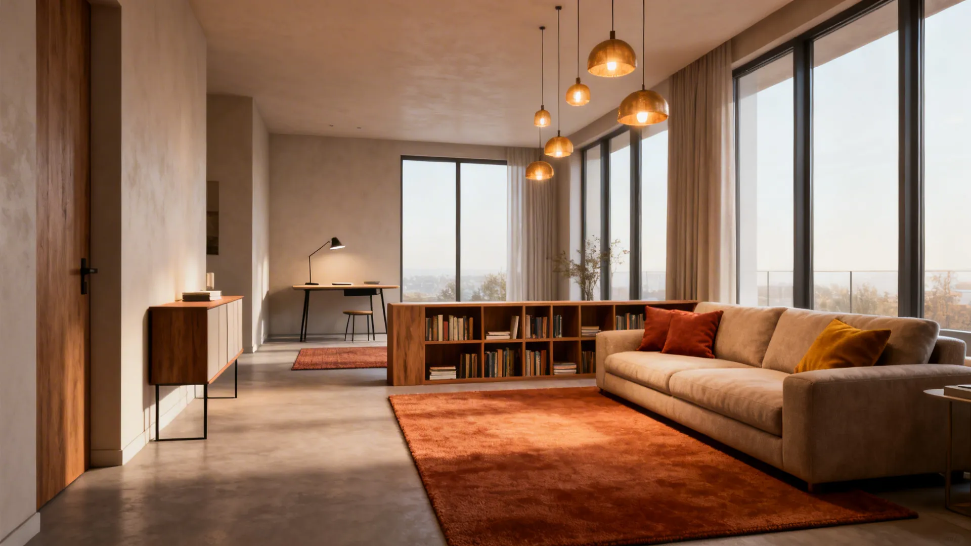 Studio apartment with zones defined by rugs, low bookcase, and pendant lighting.