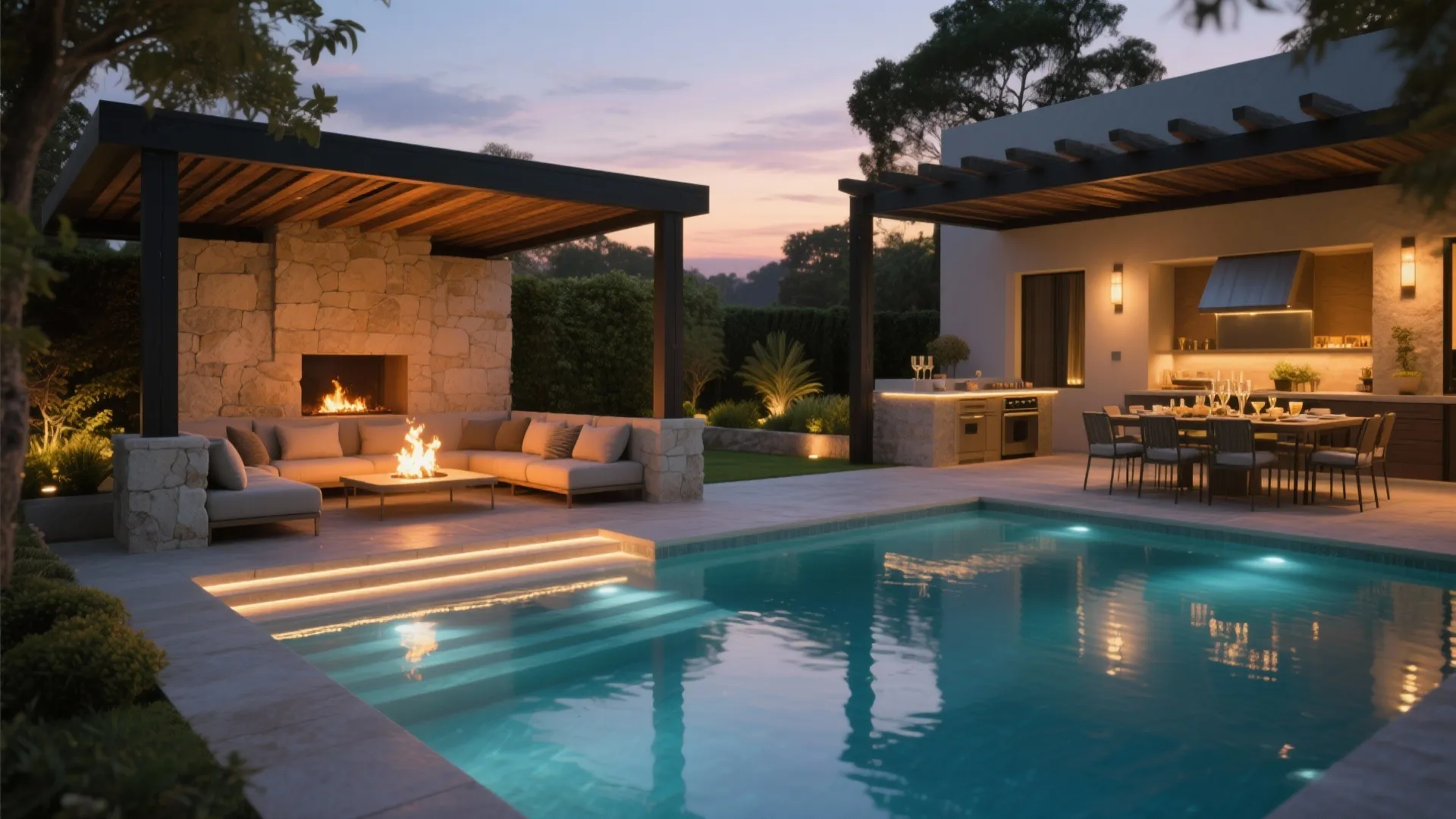 Entertainment zones: lounge, dining, and light that flatter water