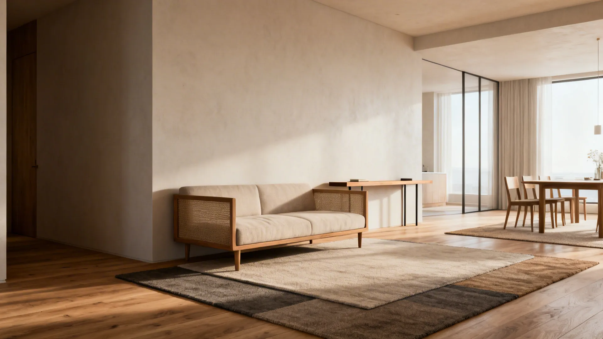 Low-back sofa and layered rugs subtly zoning living and dining areas in a small open-plan room.