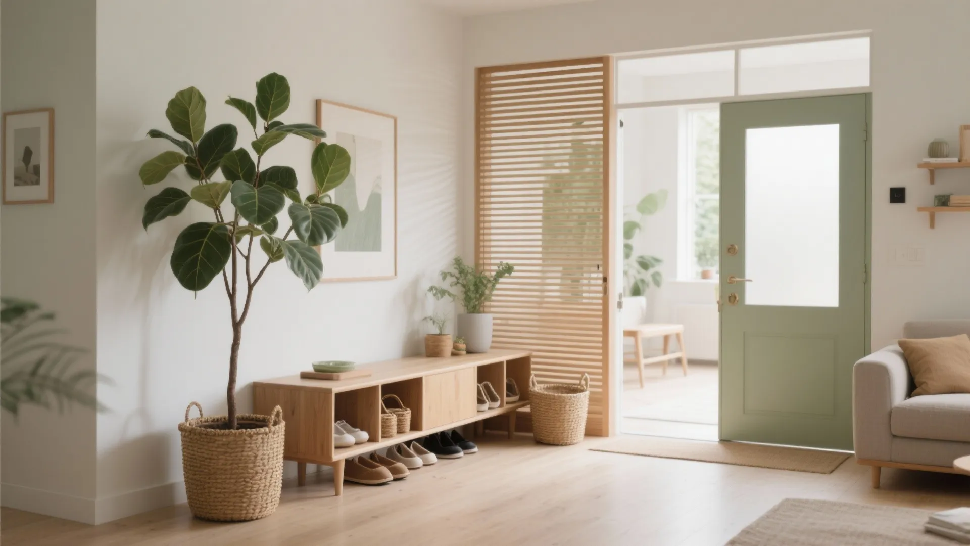 Bright entryway featuring a green door wooden shoe cabinet potted plant and slatted room divider