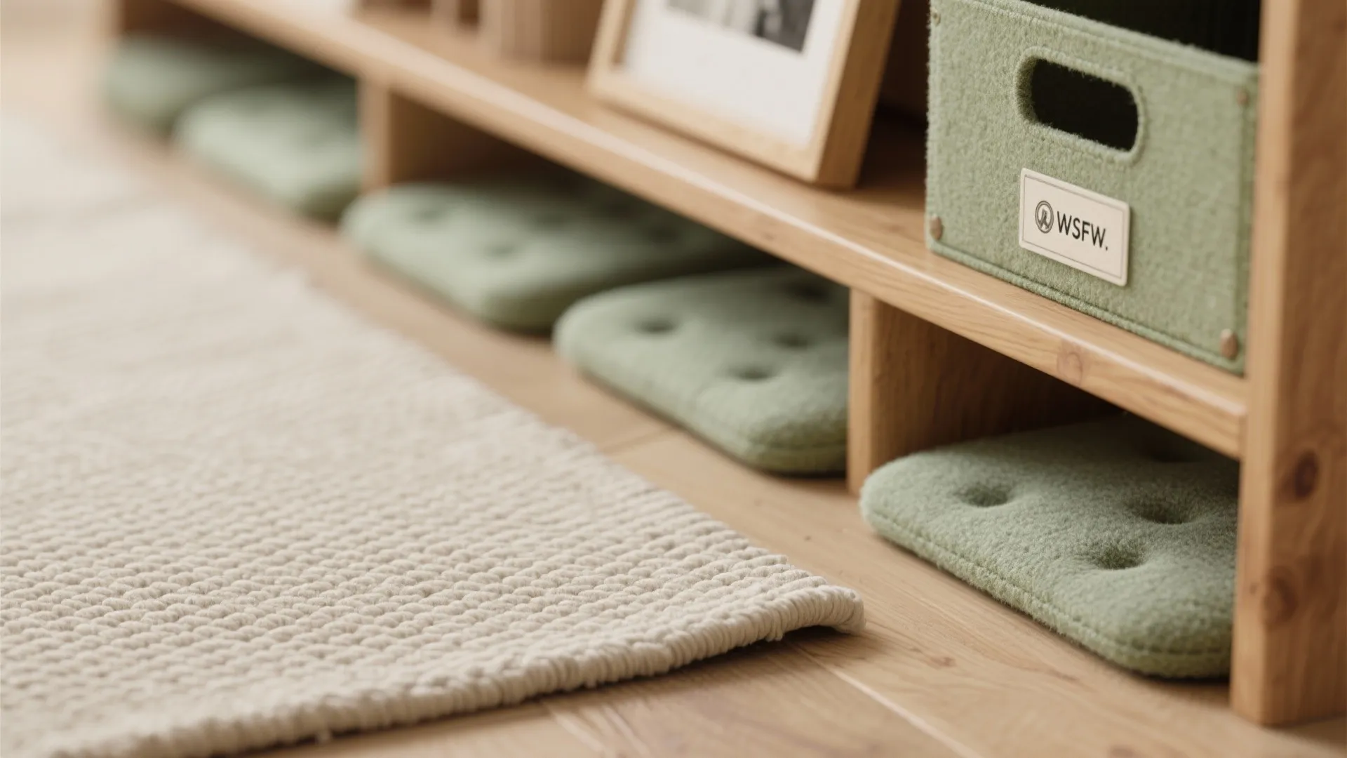 Close up of green storage bins on wooden shelves with a soft rug on the floor
