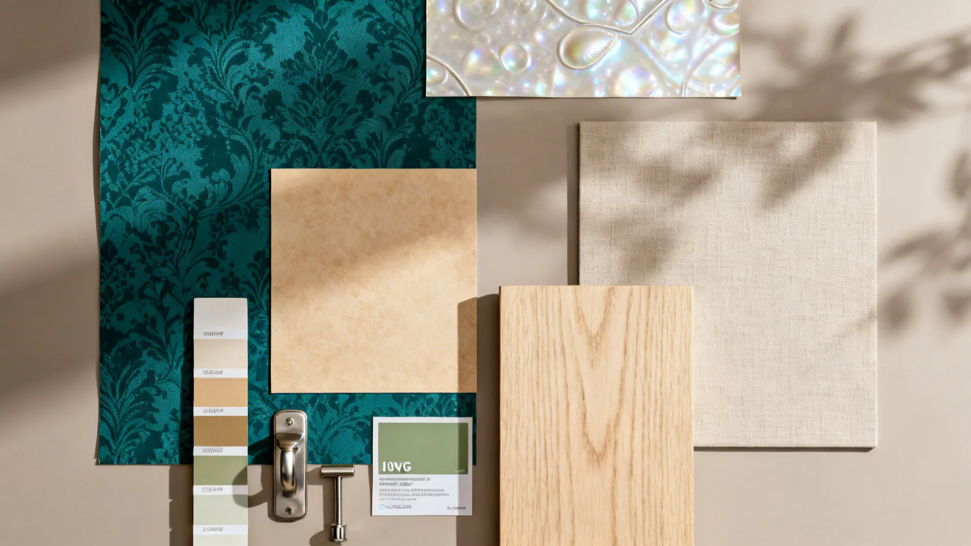 Flatlay of jewel-tone niche paper, pearlescent ceiling swatch, linen wall sample, and coordinating finishes.