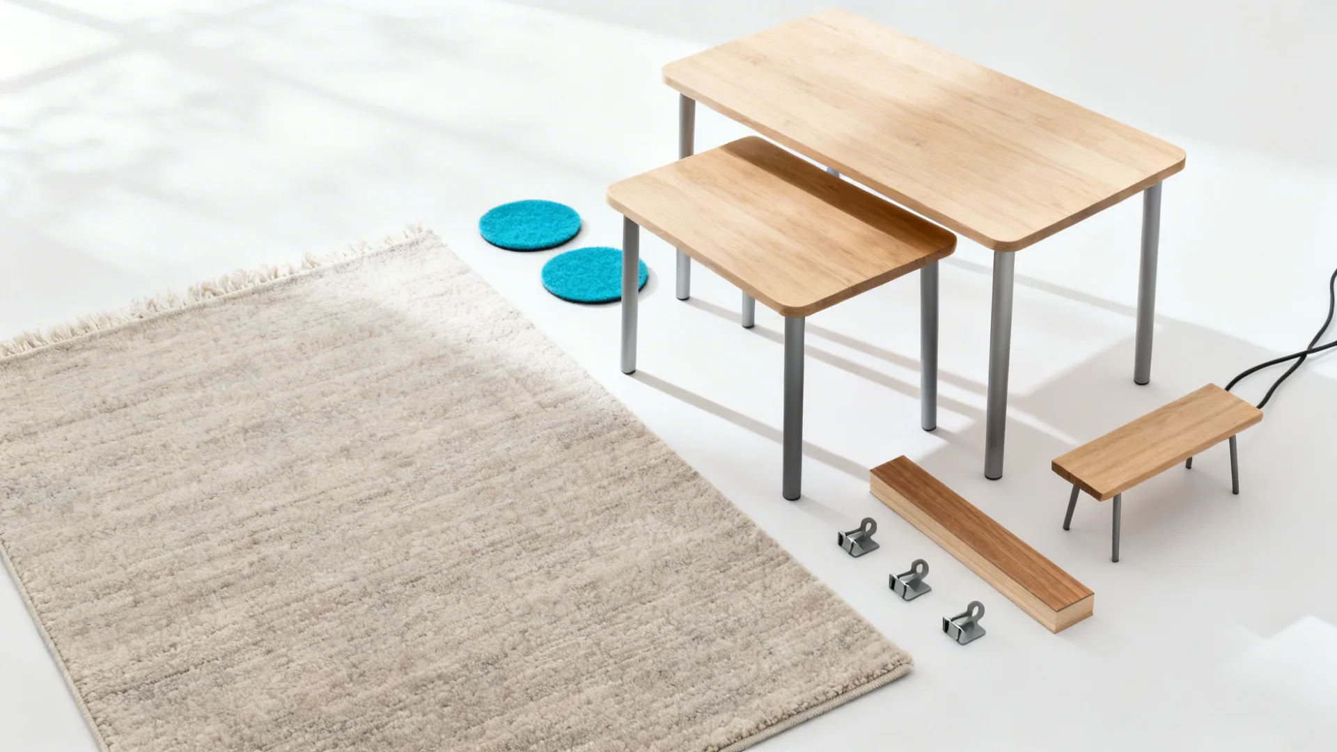Flatlay showing rug swatch, nesting table finishes, felt pads, and cable clips for flexible zoning.