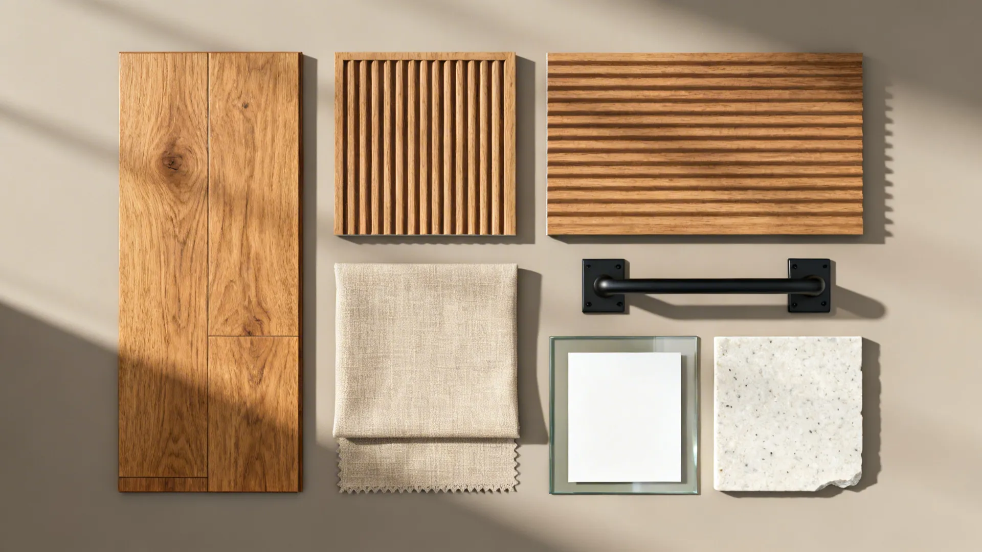 Interior design mood board with wood wall panel samples fabric swatch black handle and stone tiles