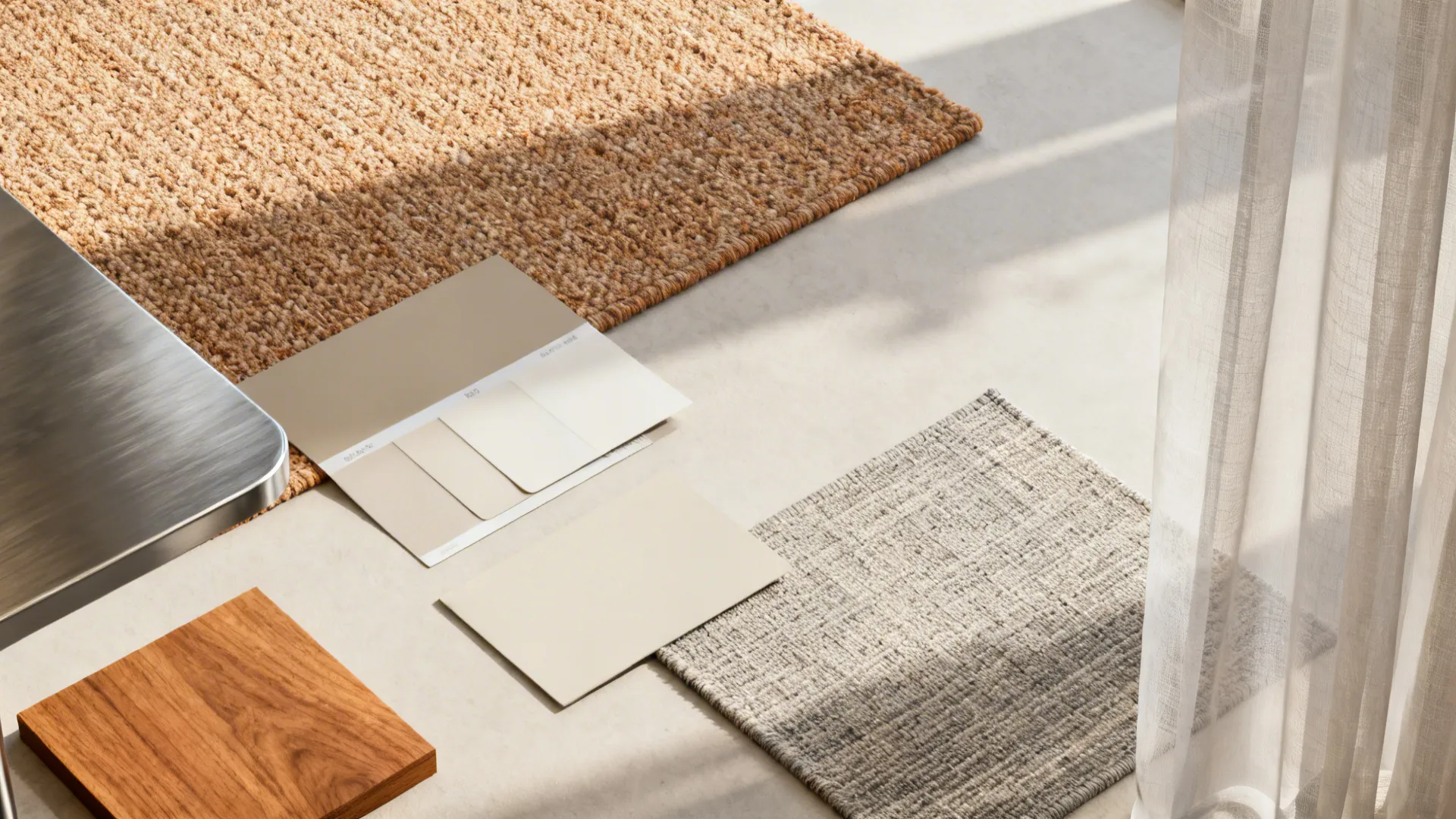 Flat lay of bouclé and flatweave textiles, neutral paint chips, warm wood, and sheer fabrics for zone planning.