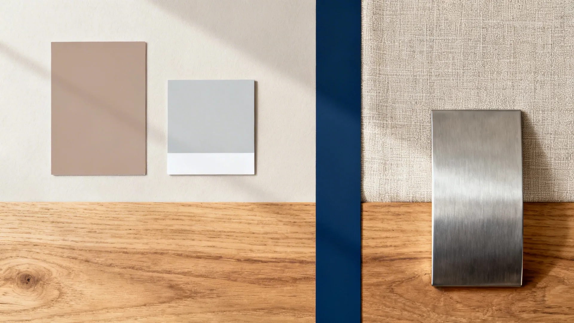 Flat lay of taupe, pale gray, and navy paint chips with oak and linen samples.