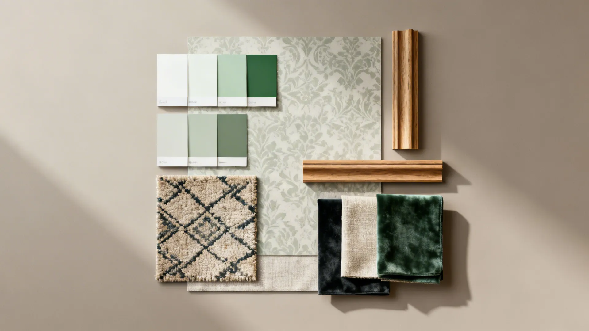 Flatlay of paint swatches, fabric samples and rug fragment for zoning with color and texture.