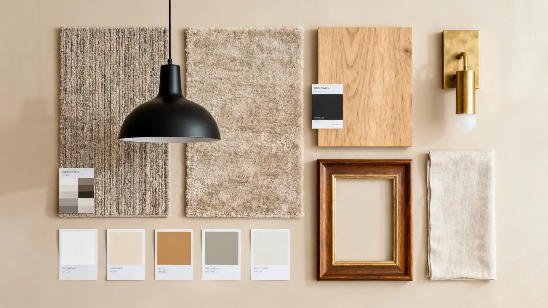 Flat lay of rug swatches, lighting finishes, frames, wood, fabric, and paint for entry-dining zones.