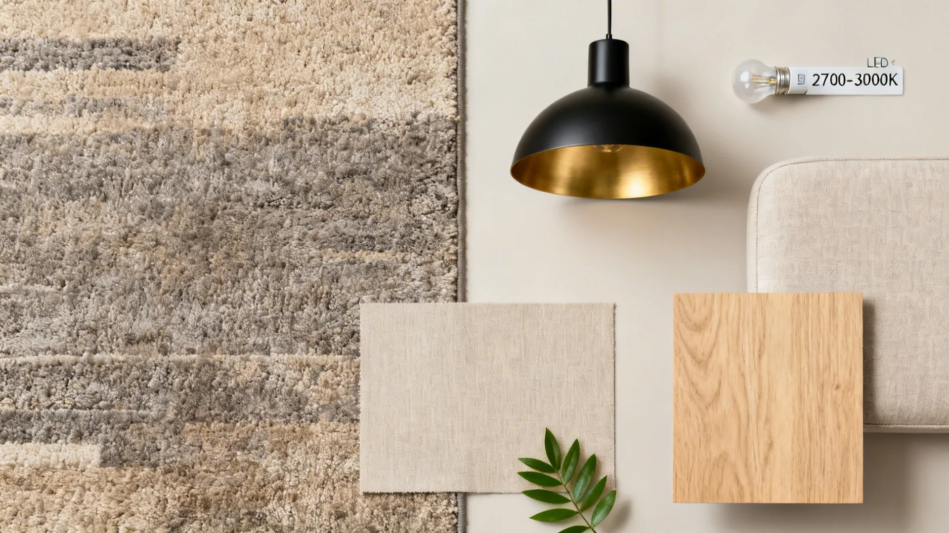 Flat lay of rug, pendant, LED bulb, upholstery and oak samples for zoning.