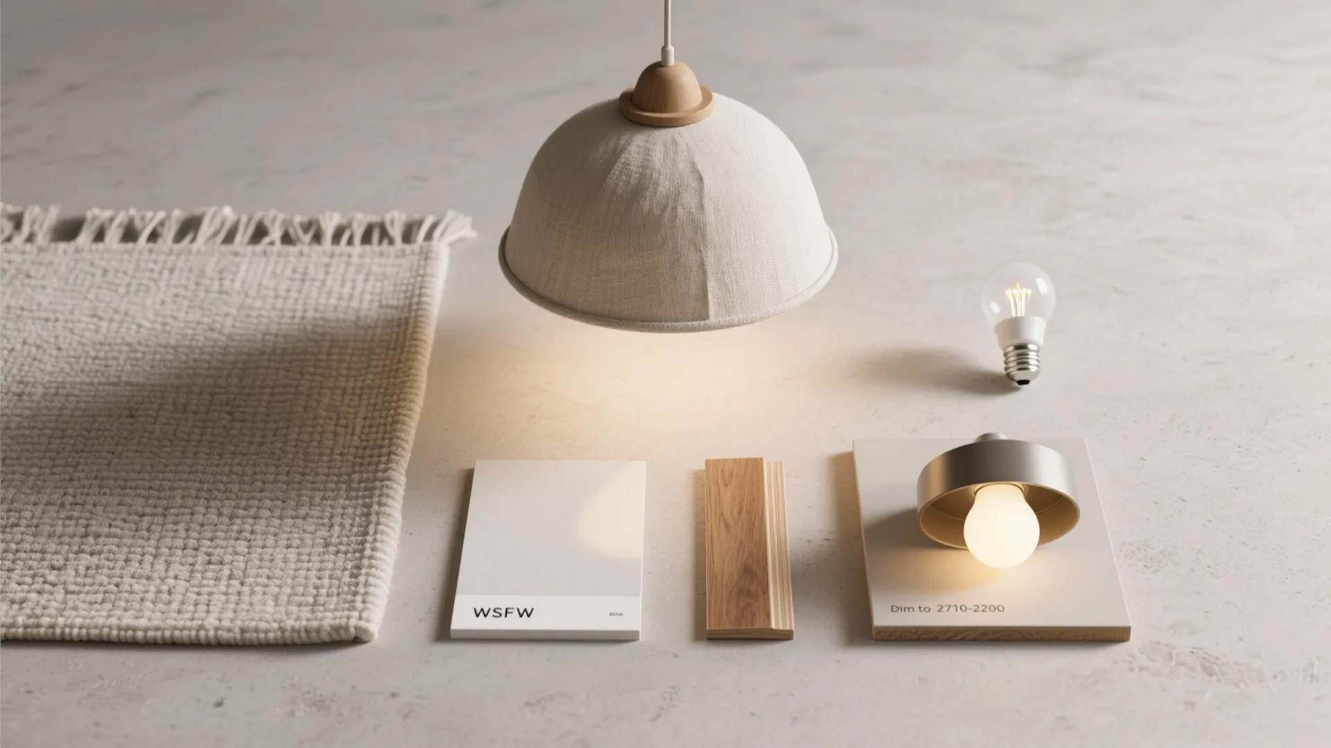 Interior design material board with hanging ceiling light light bulb wood sample and woven rug