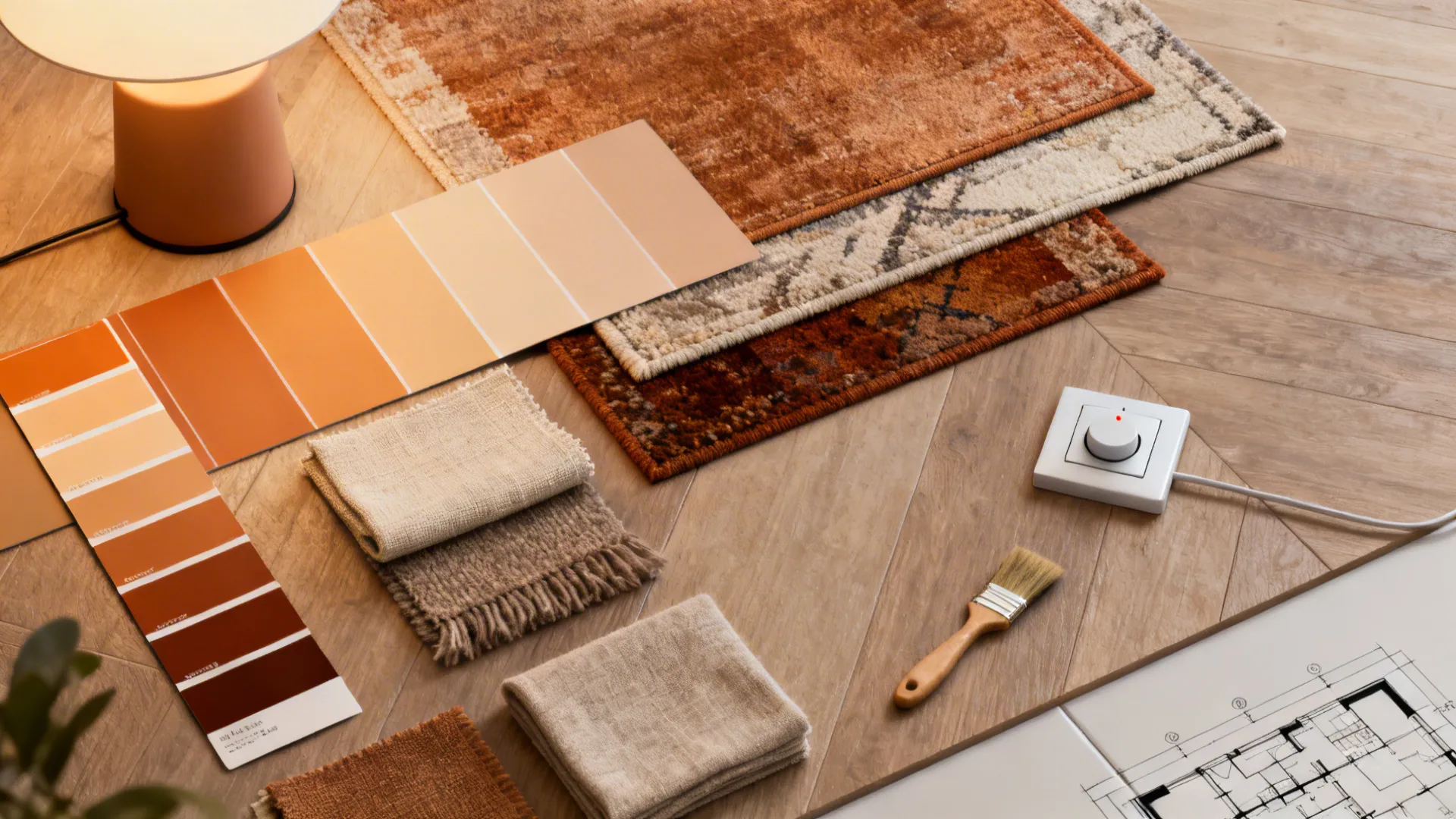 Flatlay of paint swatches, rug samples, lamp and fabric for rezone design