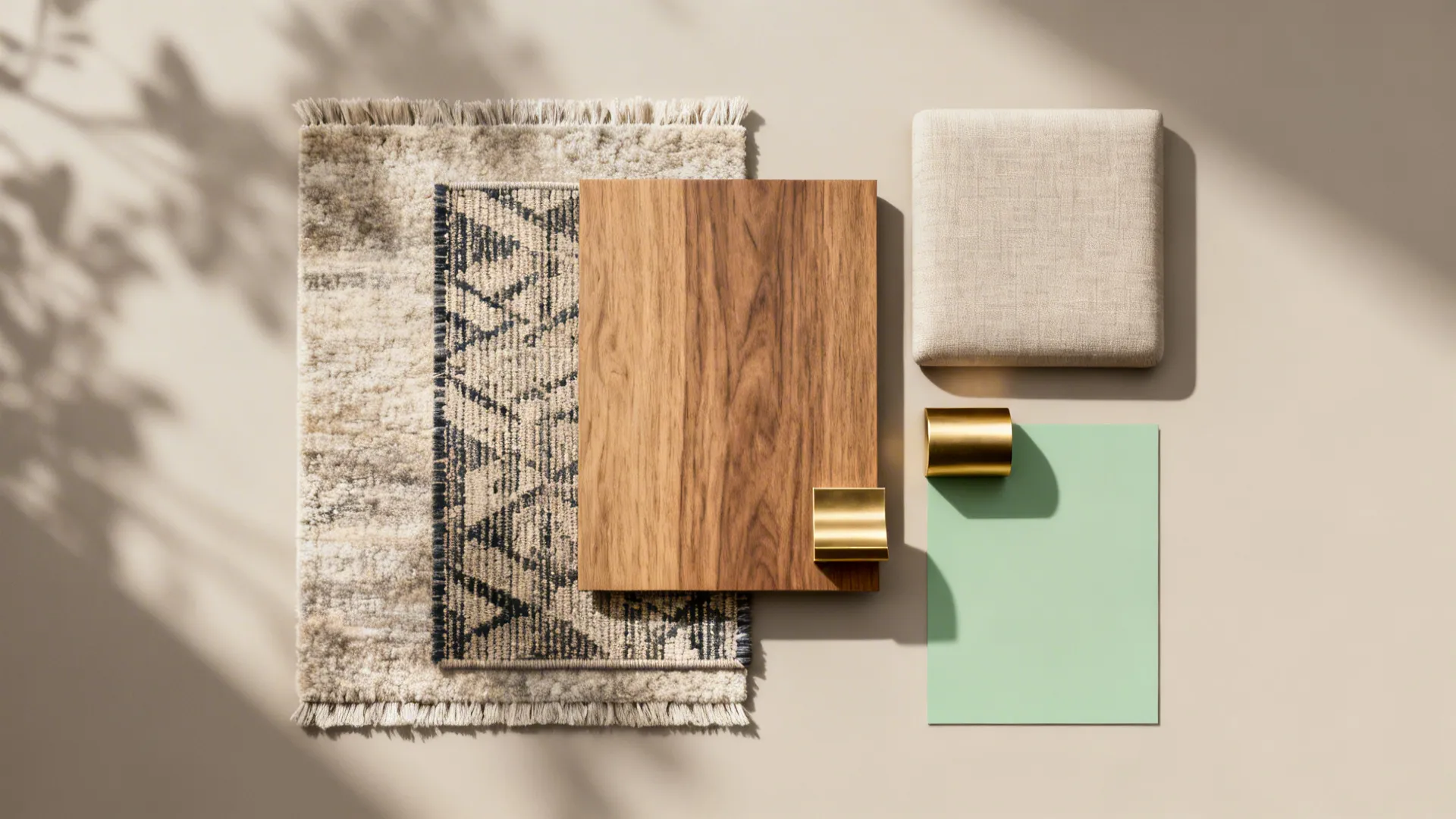 Flat lay of wool and flatweave rug swatches, matte oak, linen, brass, and soft green paint.
