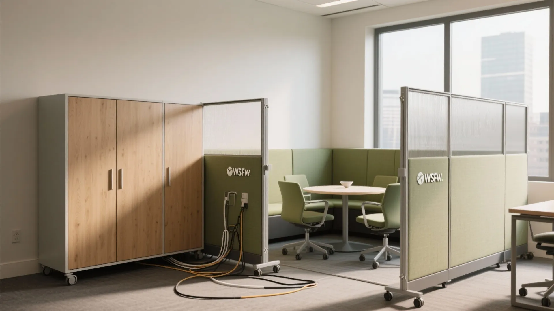 Modern office meeting area with green chairs round table wood cabinet and movable wall panels