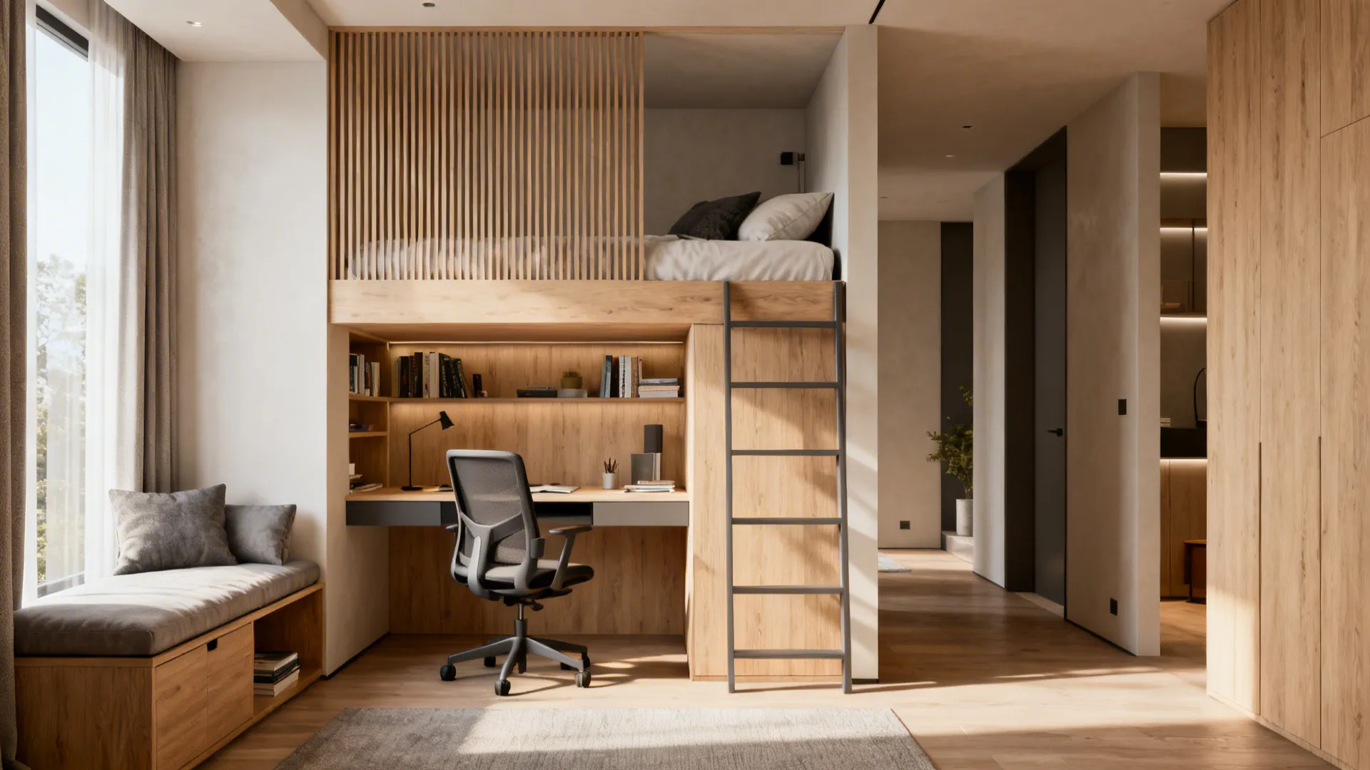 Wood loft bed with study desk underneath featuring black office chair ladder and window bench