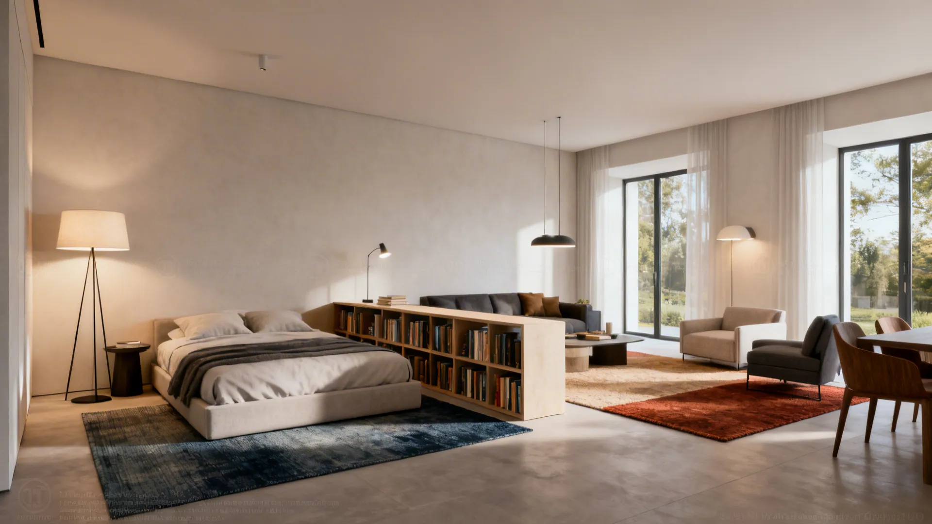 Open plan studio using a low bookshelf, rugs and layered lighting to define functional zones.