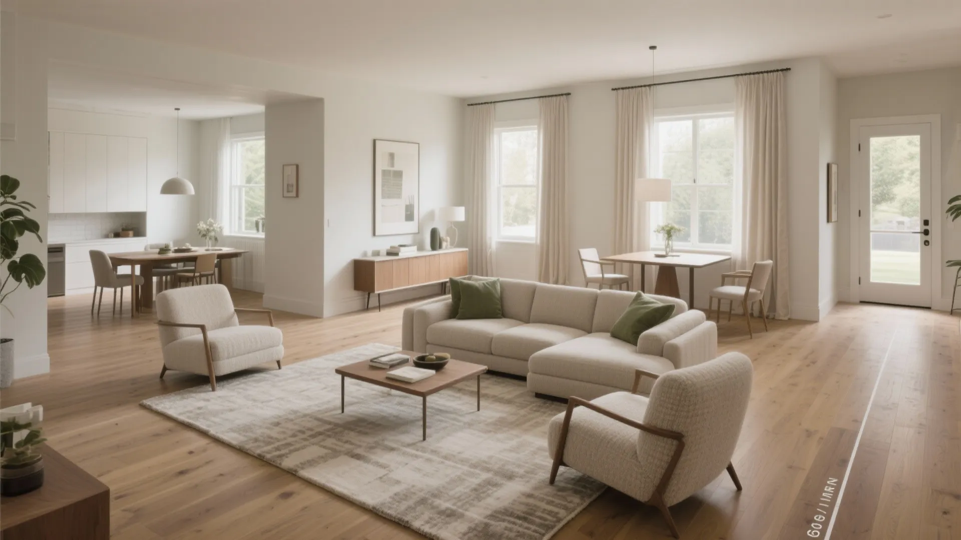 Modern open living room and kitchen area with neutral sofa armchairs wood flooring and windows