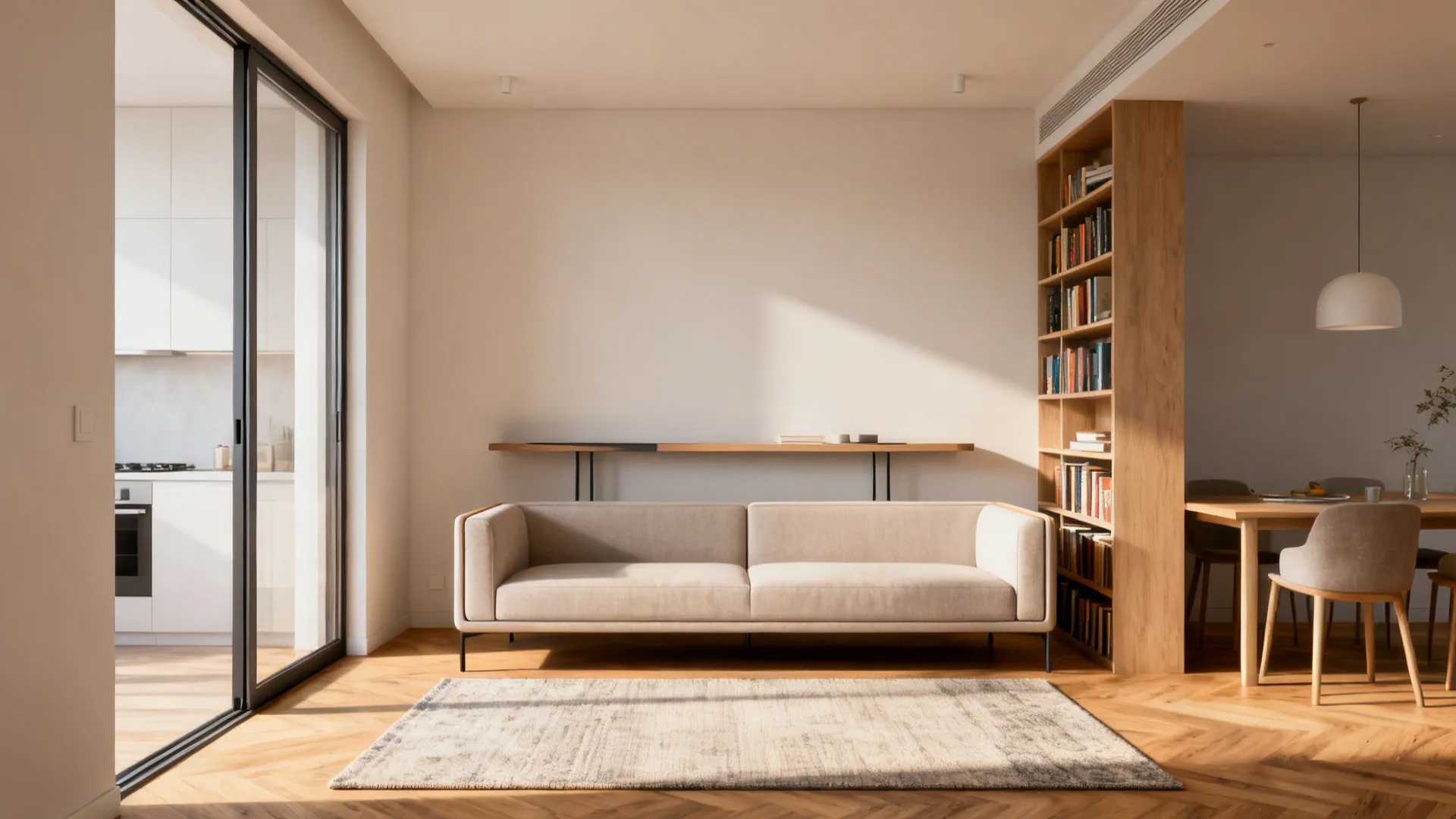 Open-plan apartment with rugs, low-back sofa, and bookshelf subtly defining zones