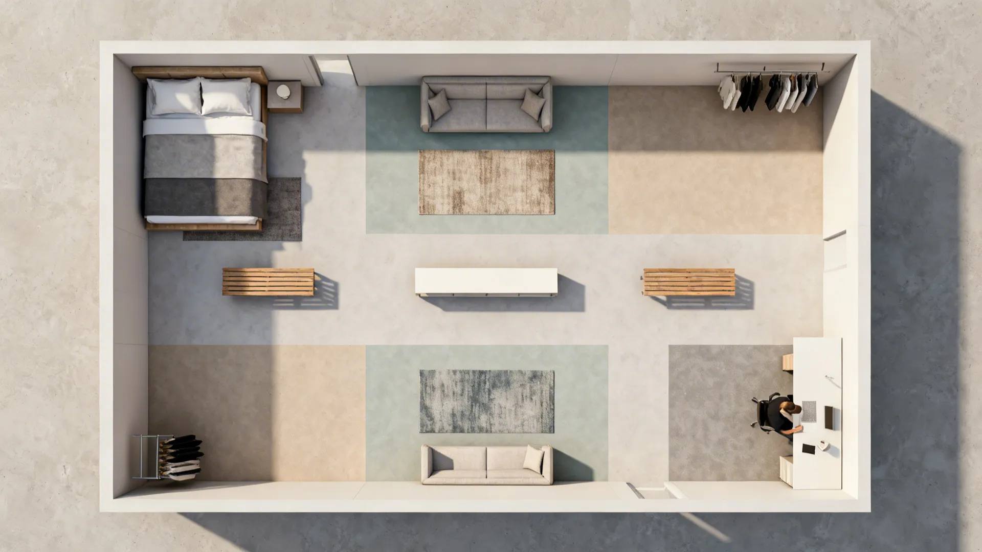 Interior design drawing showing top view of rectangular room layout with bedroom sofa and office area