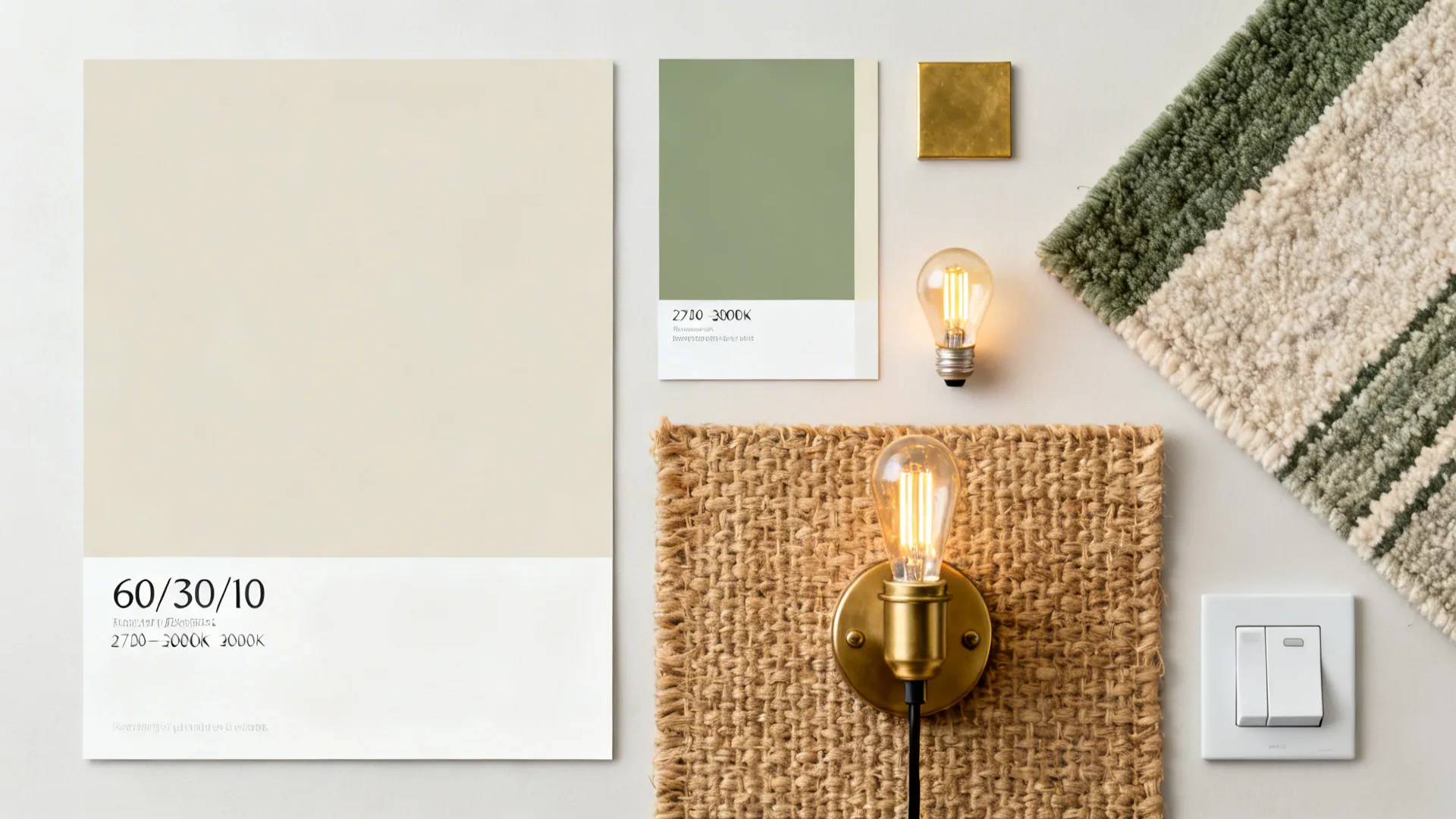 Flat lay of neutral and muted green-beige paint swatches, rug textures, warm bulbs, and a plug-in sconce.