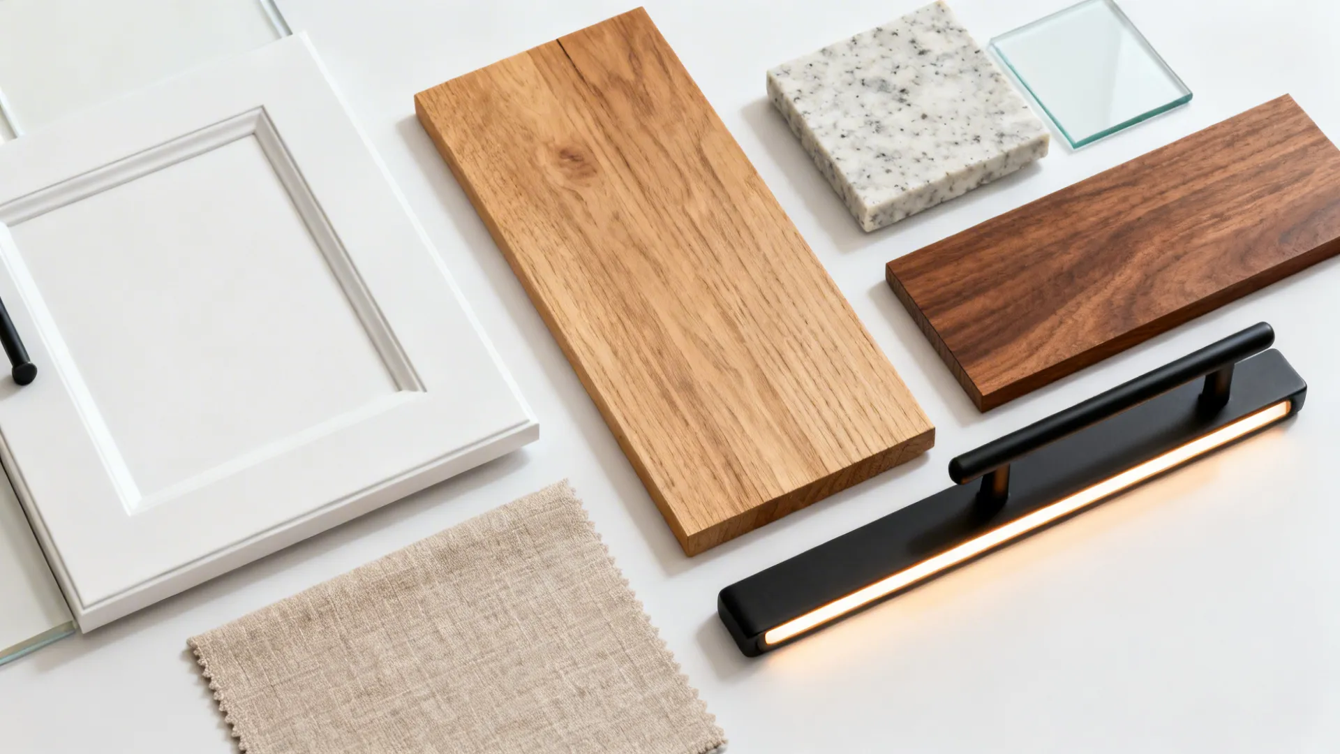 Material board with white cabinet door wood planks stone tile fabric sample and black light