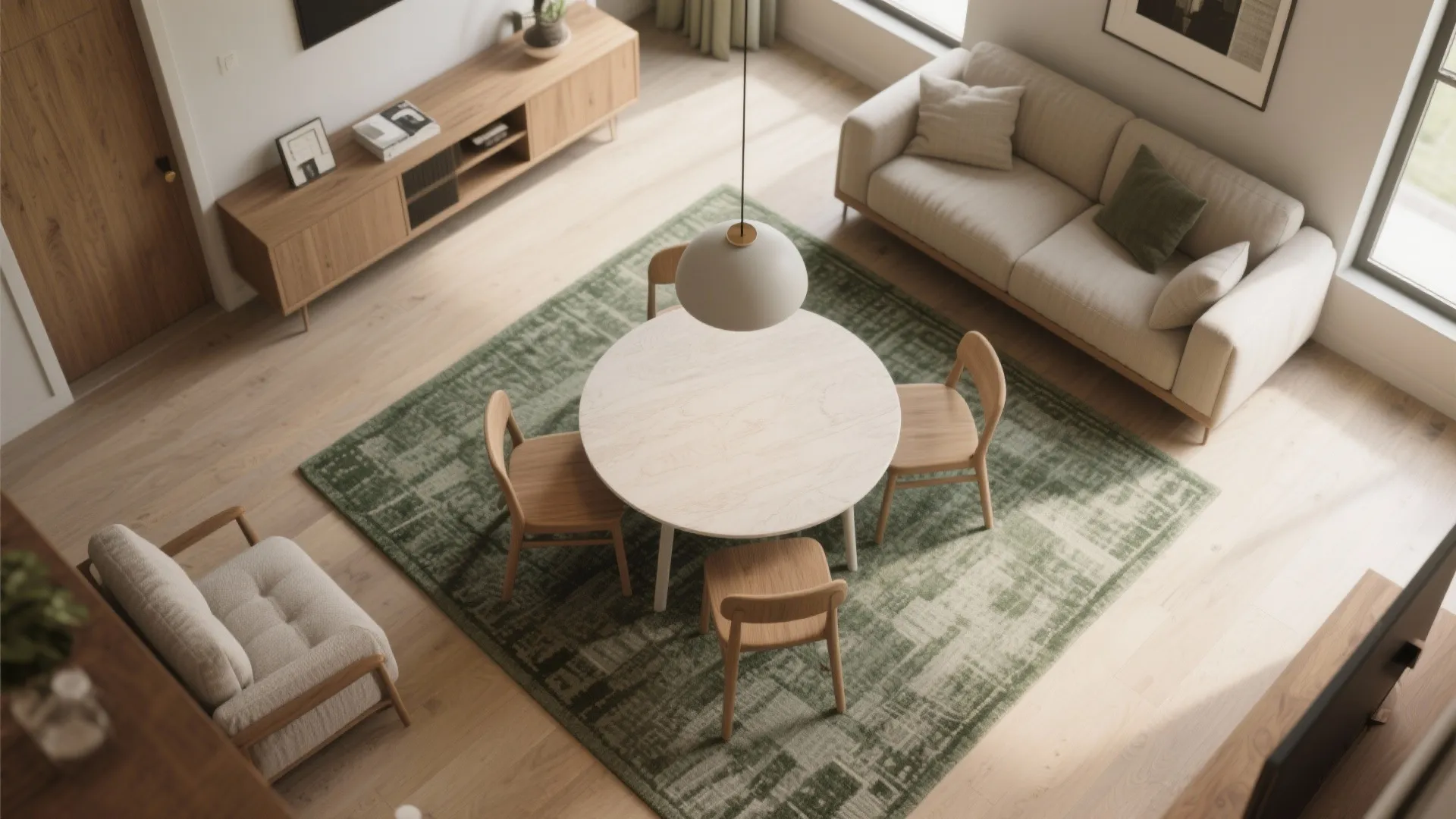 Zoning with rugs, lighting, and low partitions