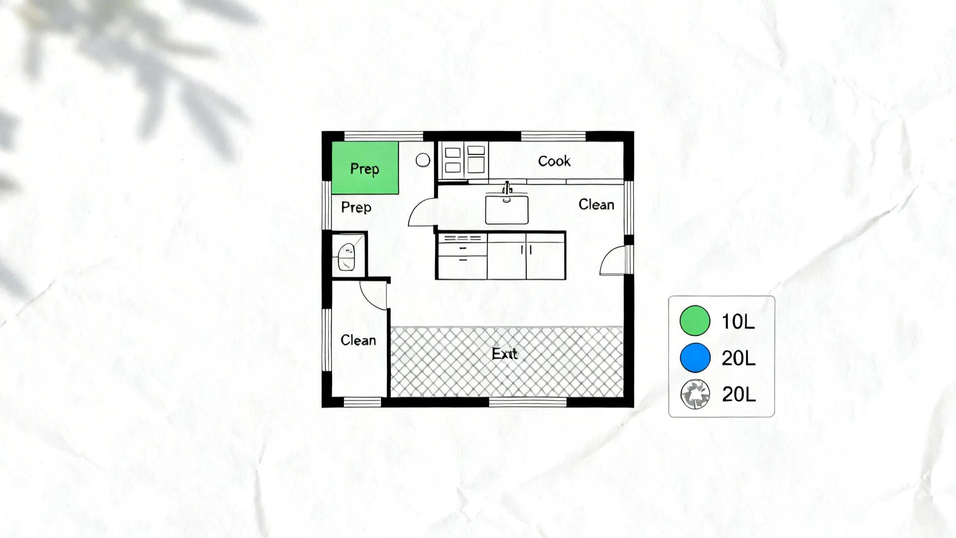 Minimalist top-down kitchen plan with color-coded circles showing organic, recycling, and landfill zones.