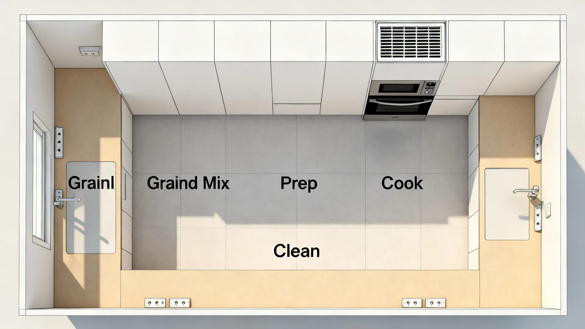 Top-down zoning plan for a compact kitchen showing appliance areas and ventilated niches.
