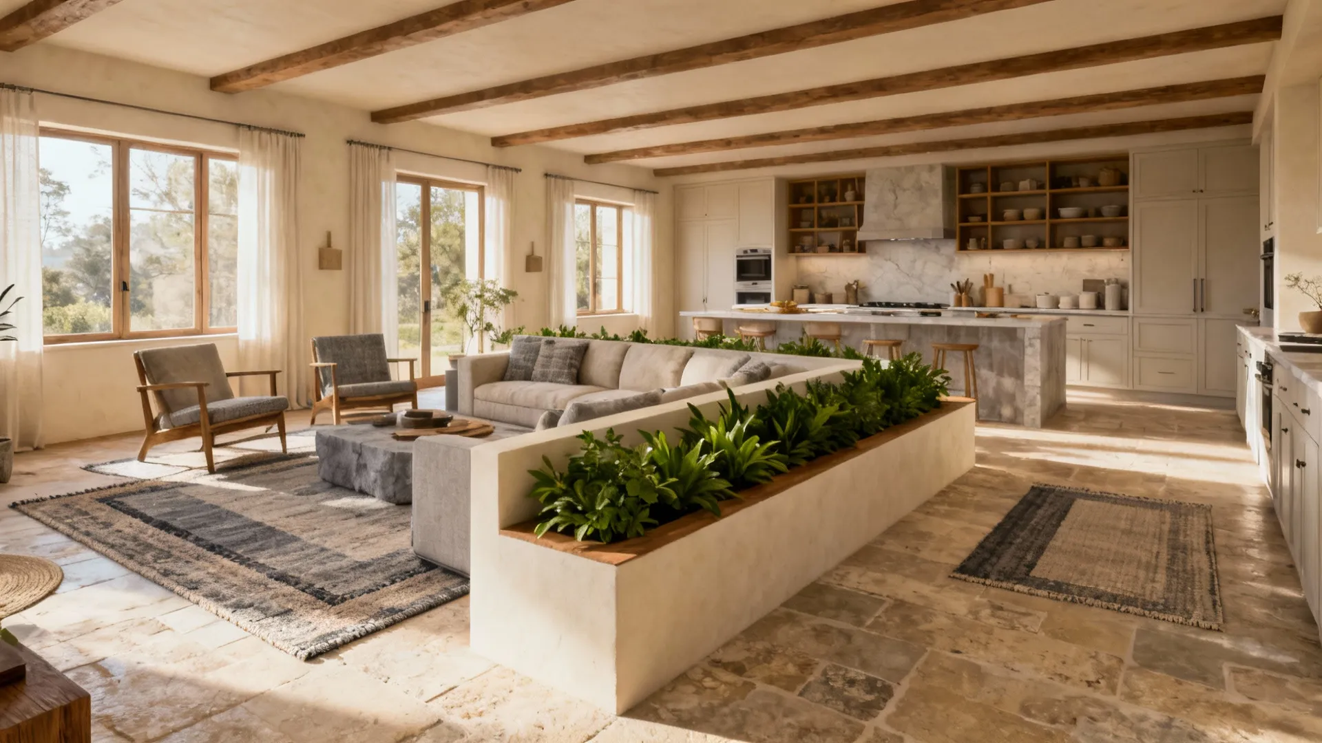 Low planter bench and rugs define zones between kitchen and living area while keeping sightlines open.