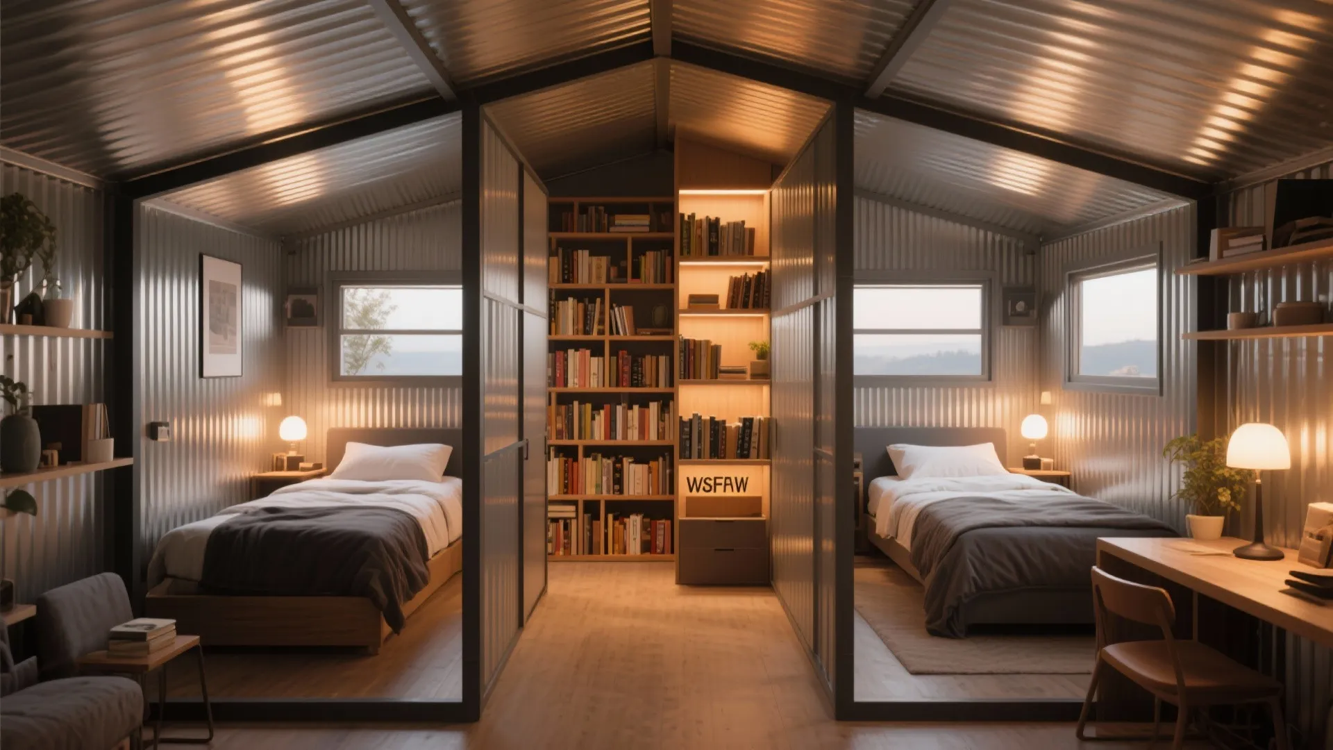 Metal room layout showing two separate bedroom areas with beds bookshelves and small office desk