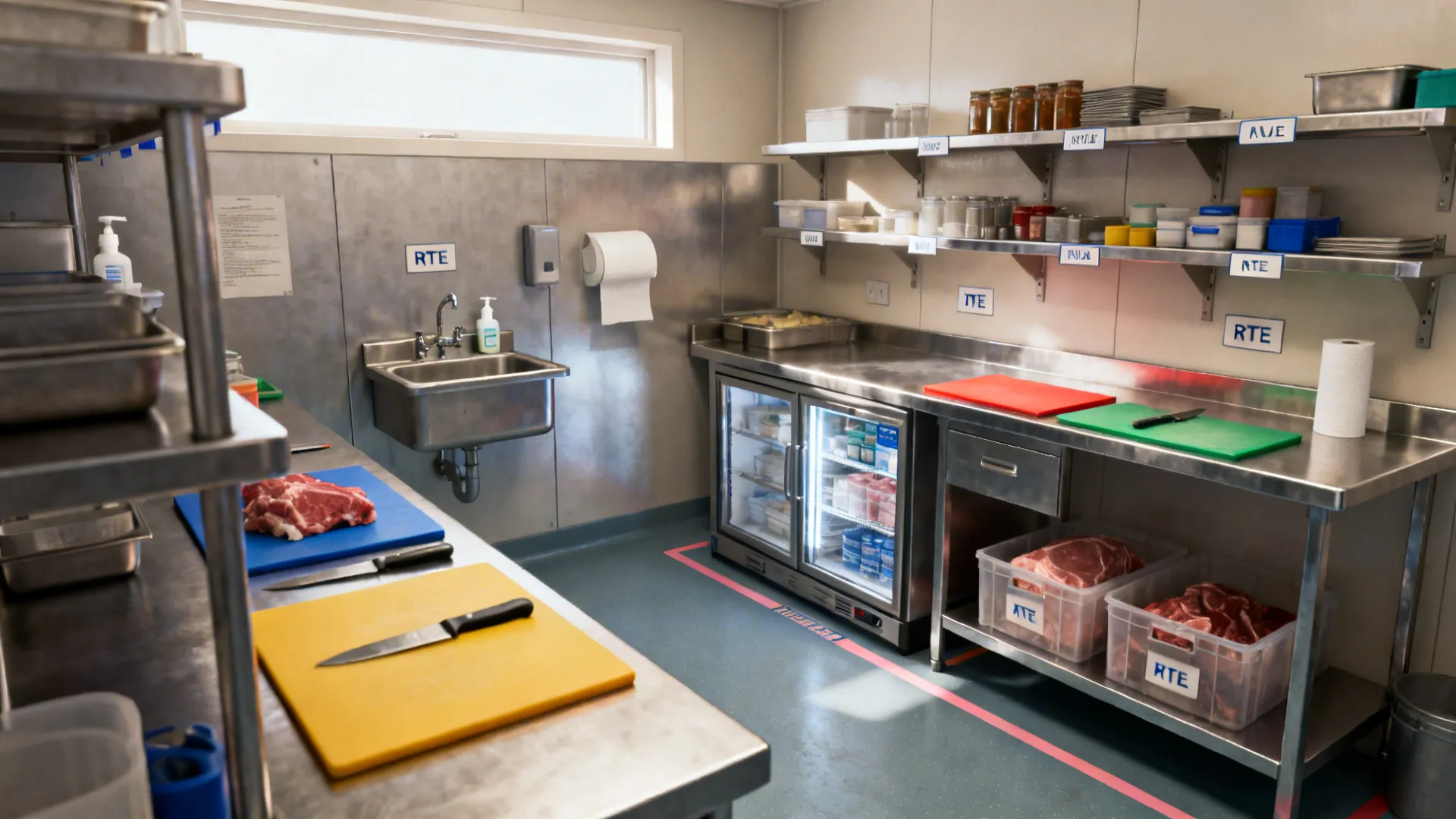 Separated raw and ready-to-eat prep zones with color-coded tools in a small UK kitchen.