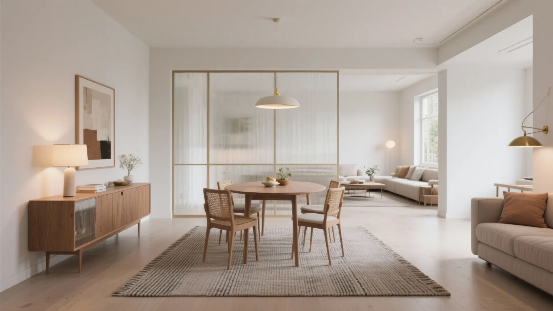 Zoning with rugs, sideboards, and subtle glass
