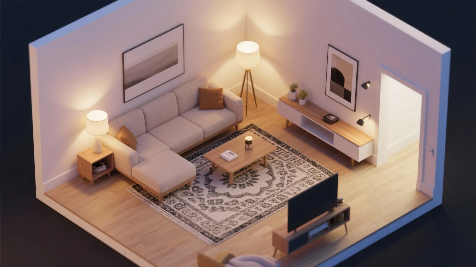Zoning with Rugs, Lighting and Floating Furniture