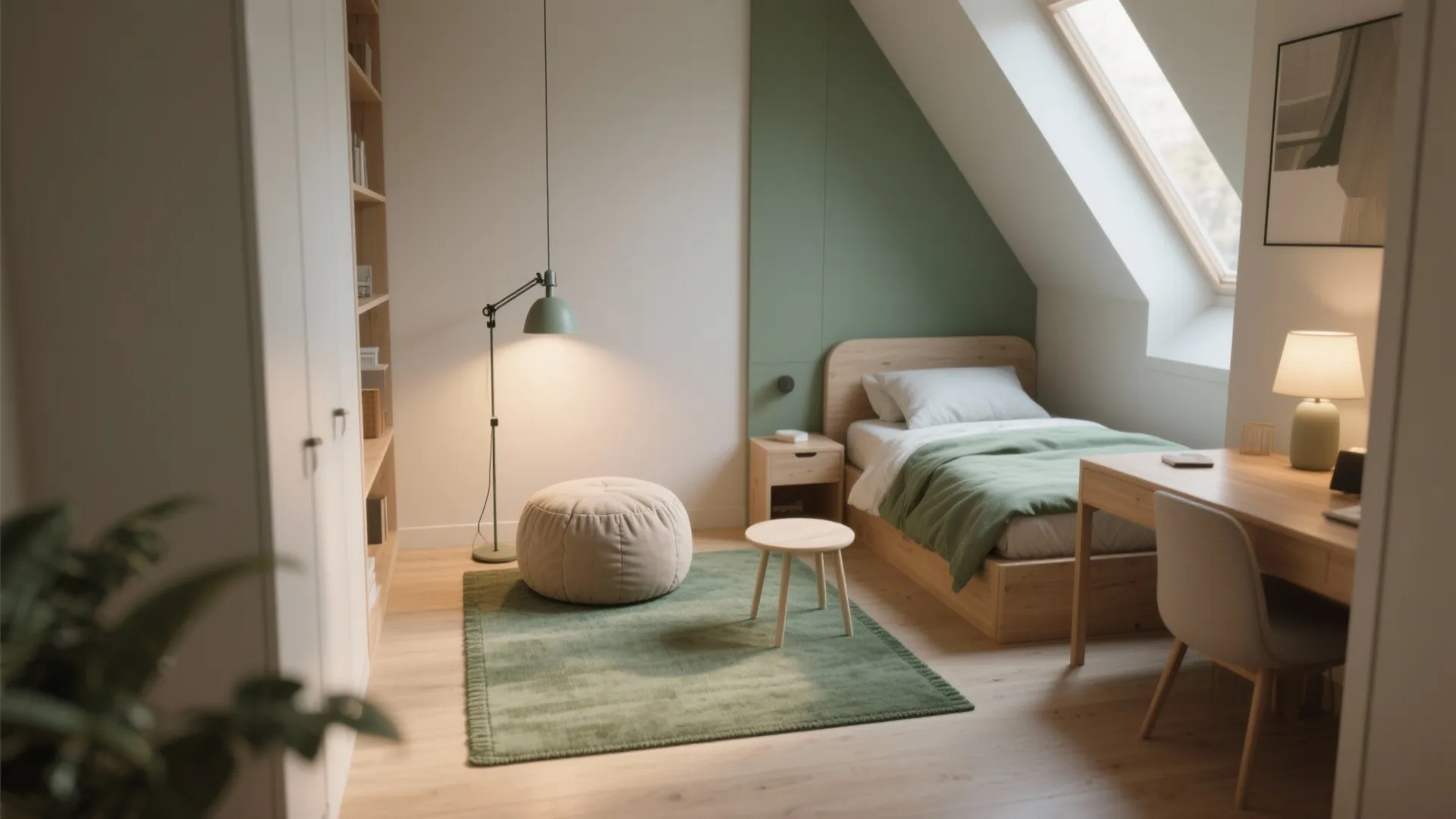 Attic bedroom with green rug wooden bed study desk chair roof window and floor lamp