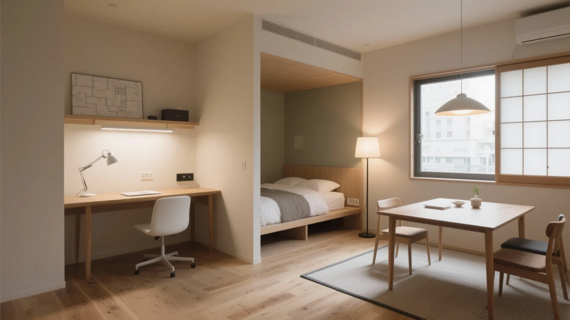 ゾーニングはラグと照明で：1R感を消して“擬似1LDK”化（东京小户型）