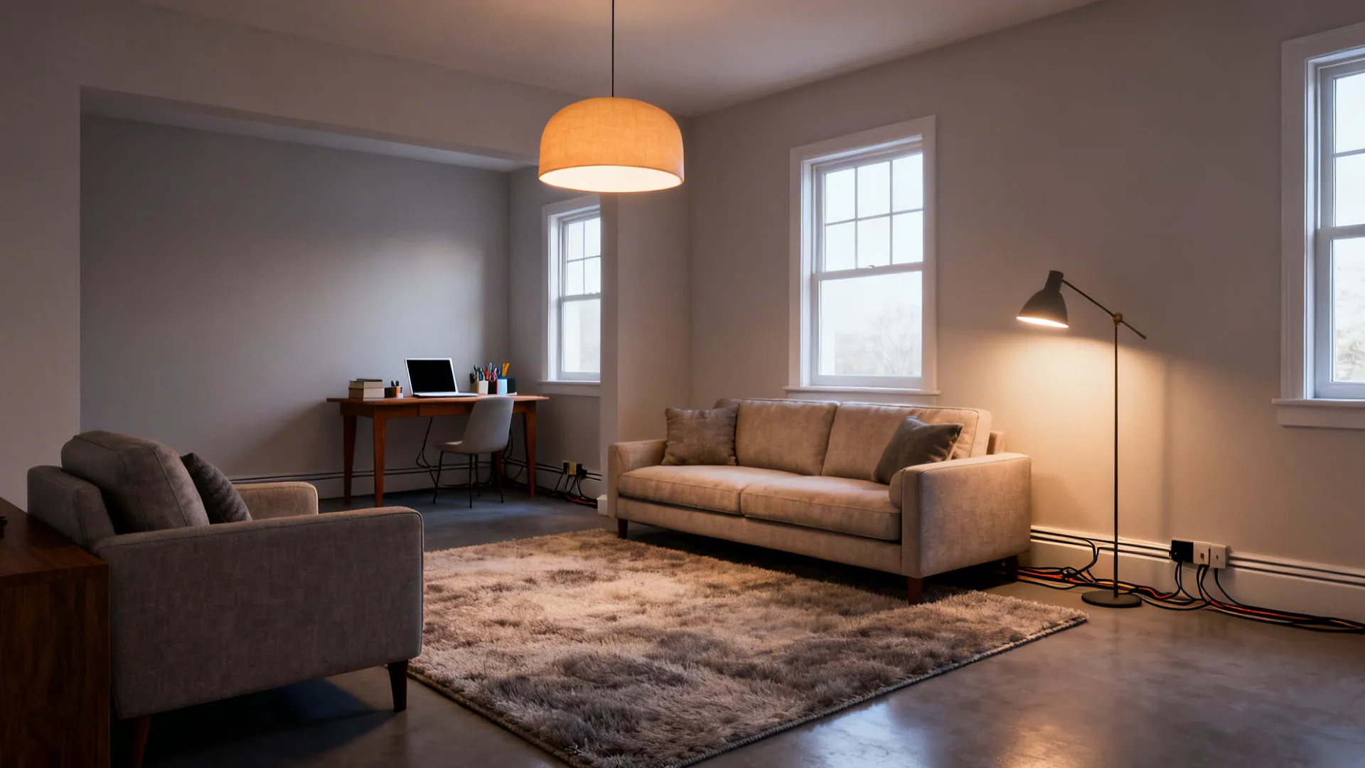 Rug-defined seating area with layered pendant and floor lighting creating separate living and work zones.