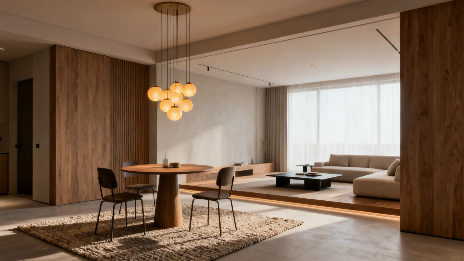 Rug and pendant create a distinct dining zone next to a lounge in a small living room