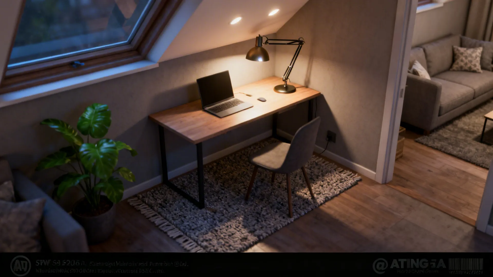 Small rug and adjustable task lamp defining a compact workspace in a studio.