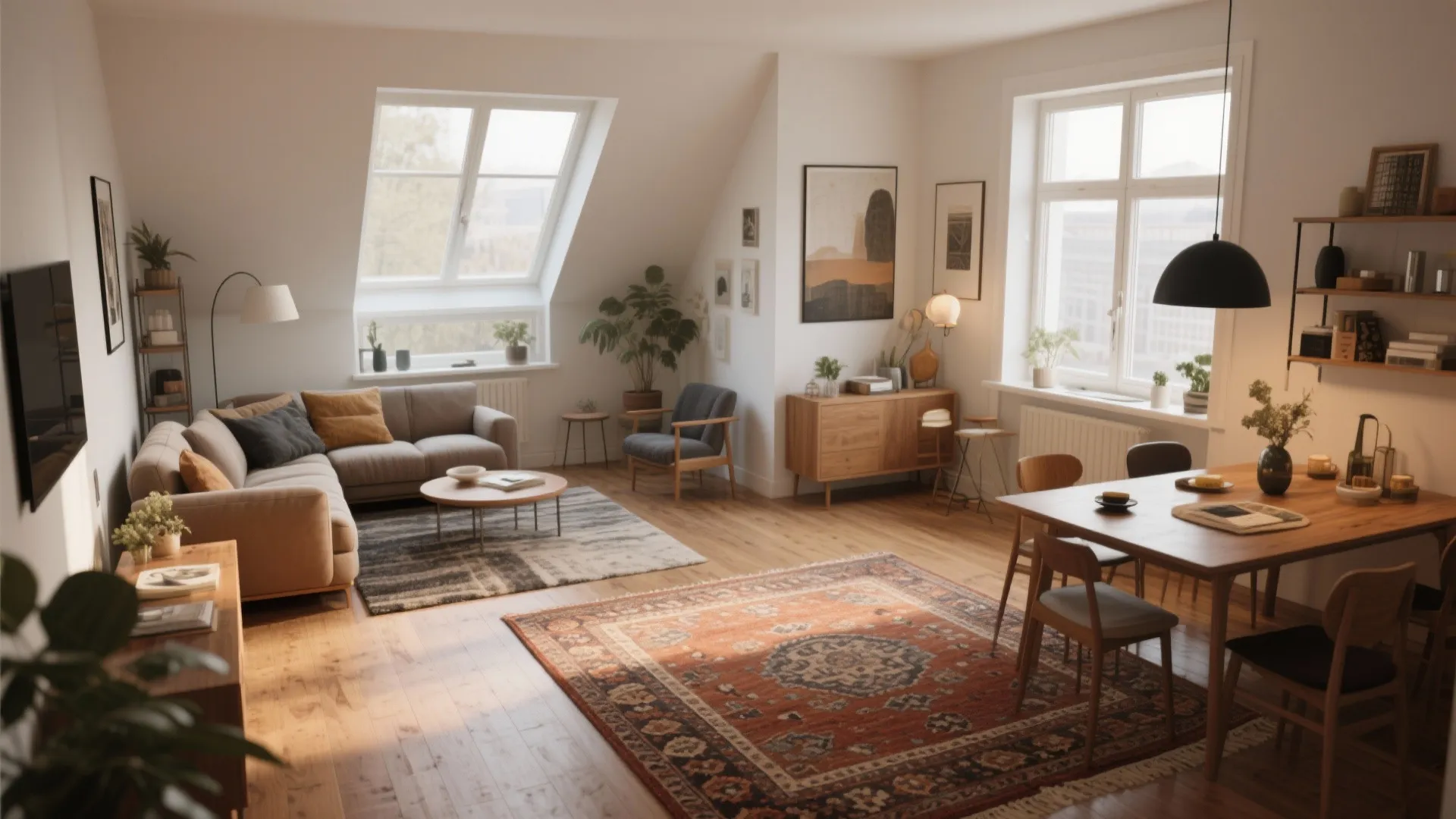 Bright open plan apartment with grey sofa wooden floor pattern rugs and sloping roof windows