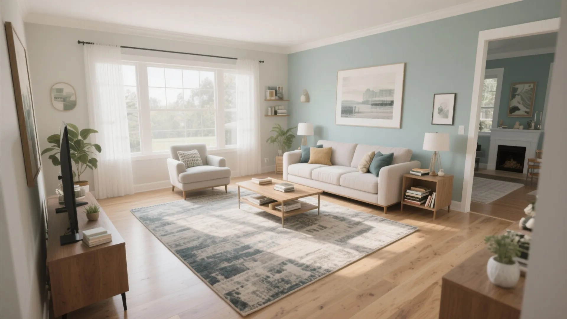 Light blue living room featuring a patterned rug white sofa wooden furniture and natural light