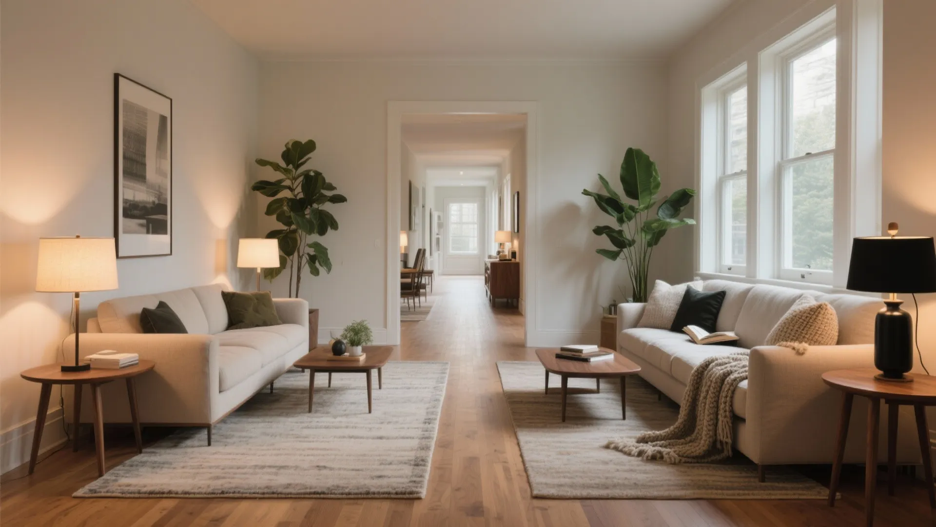 Symmetrical living room layout with two beige sofas separate area rugs and wooden coffee tables