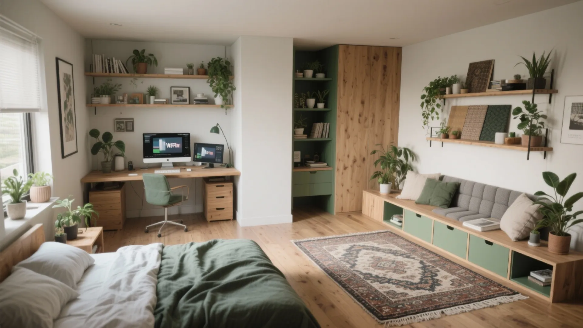 Wide view of small bedroom showing three zones divided by rugs and low shelving: bed, desk, and chill corner.