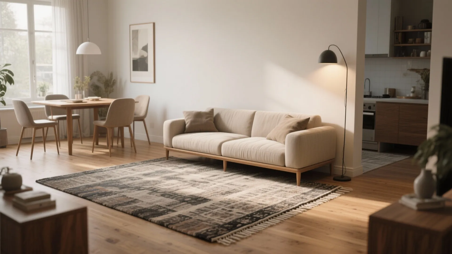 Living area with a correctly sized rug and low-backed sofa defining the seating zone next to a dining table.