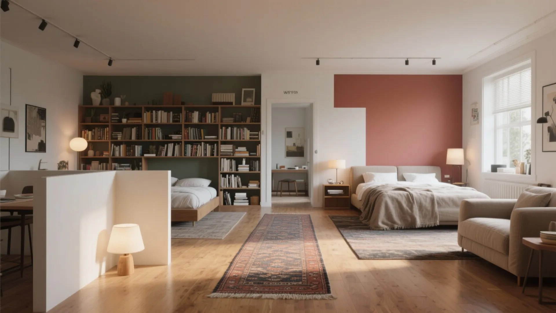 4. Zoning with rugs, color, and low partitions