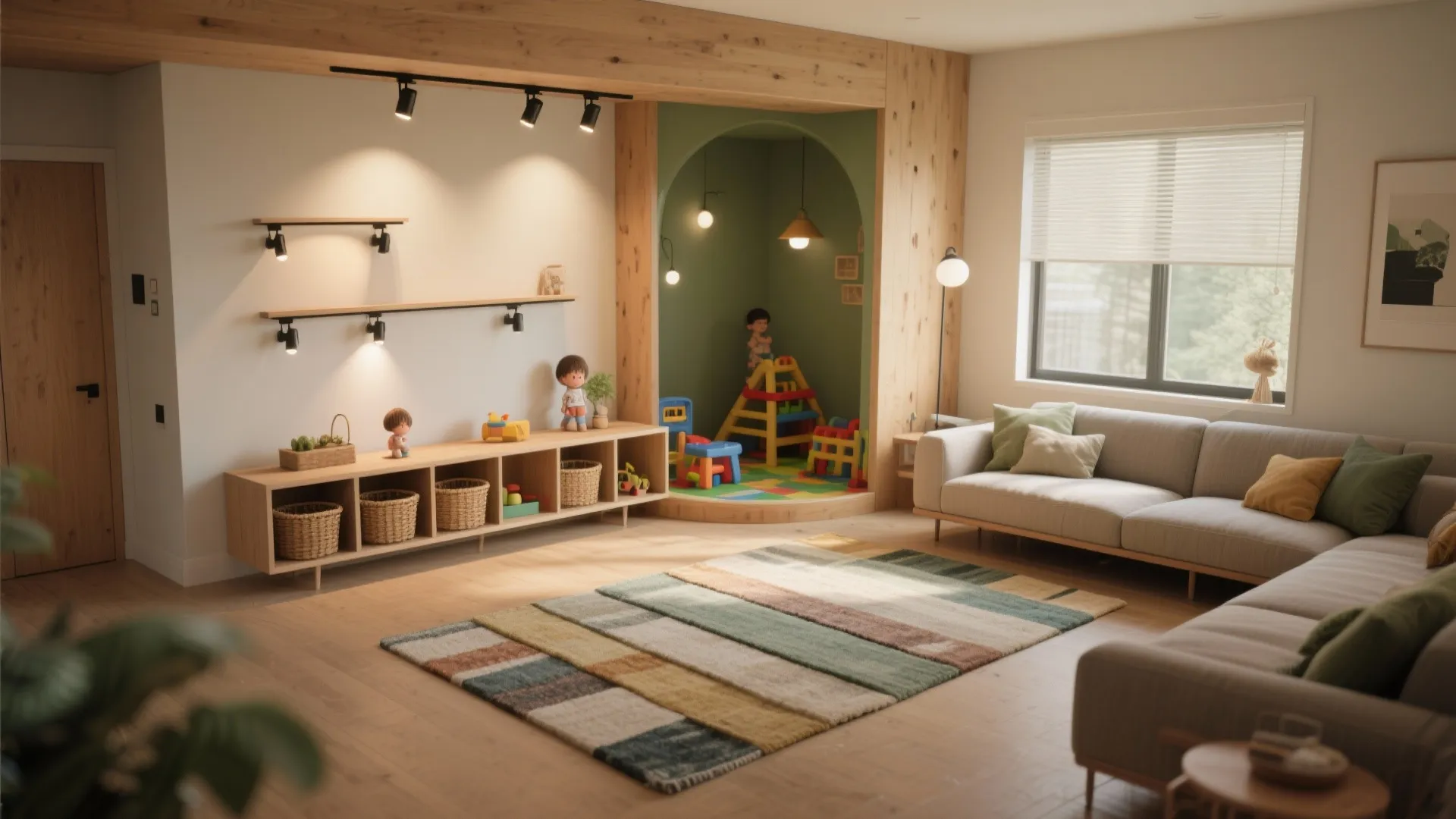 2. Zoning with rugs, lighting and low shelving