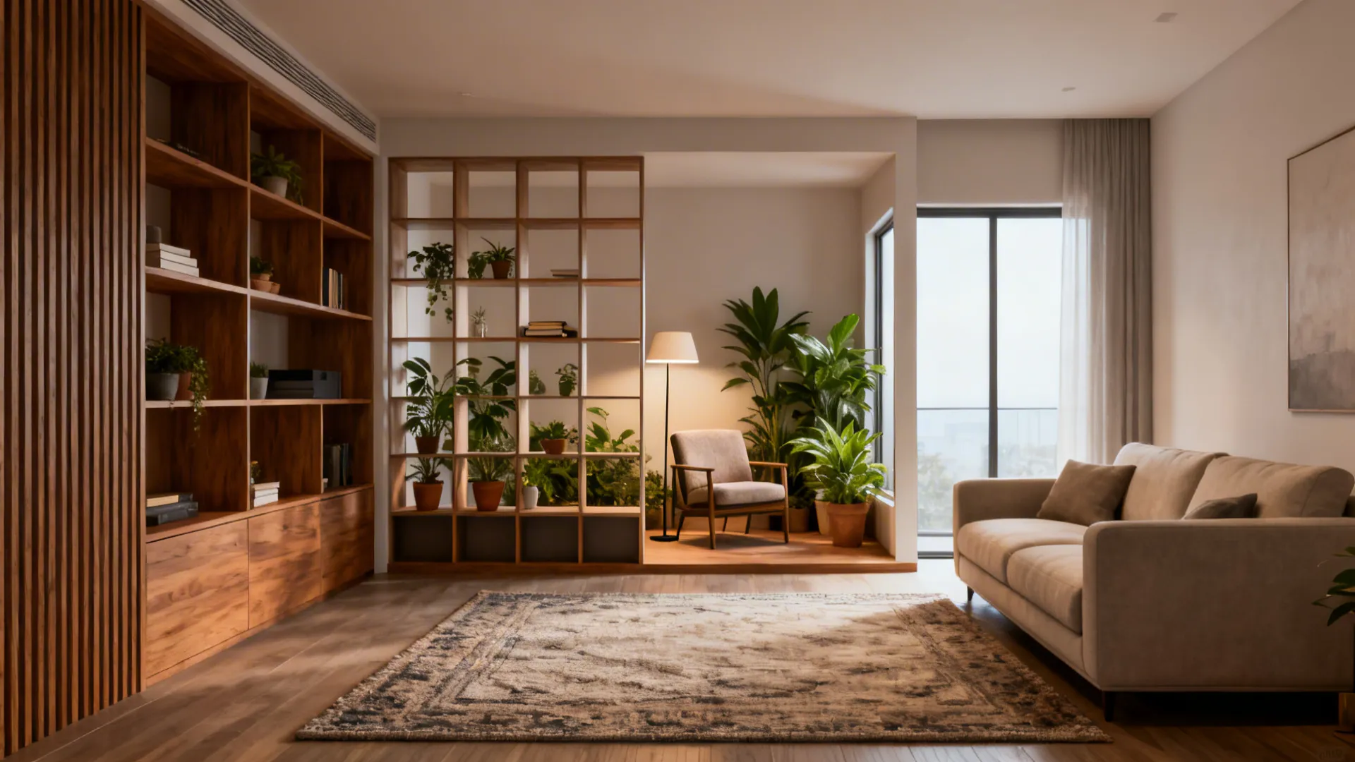 5. Strategic zoning using rugs and low dividers