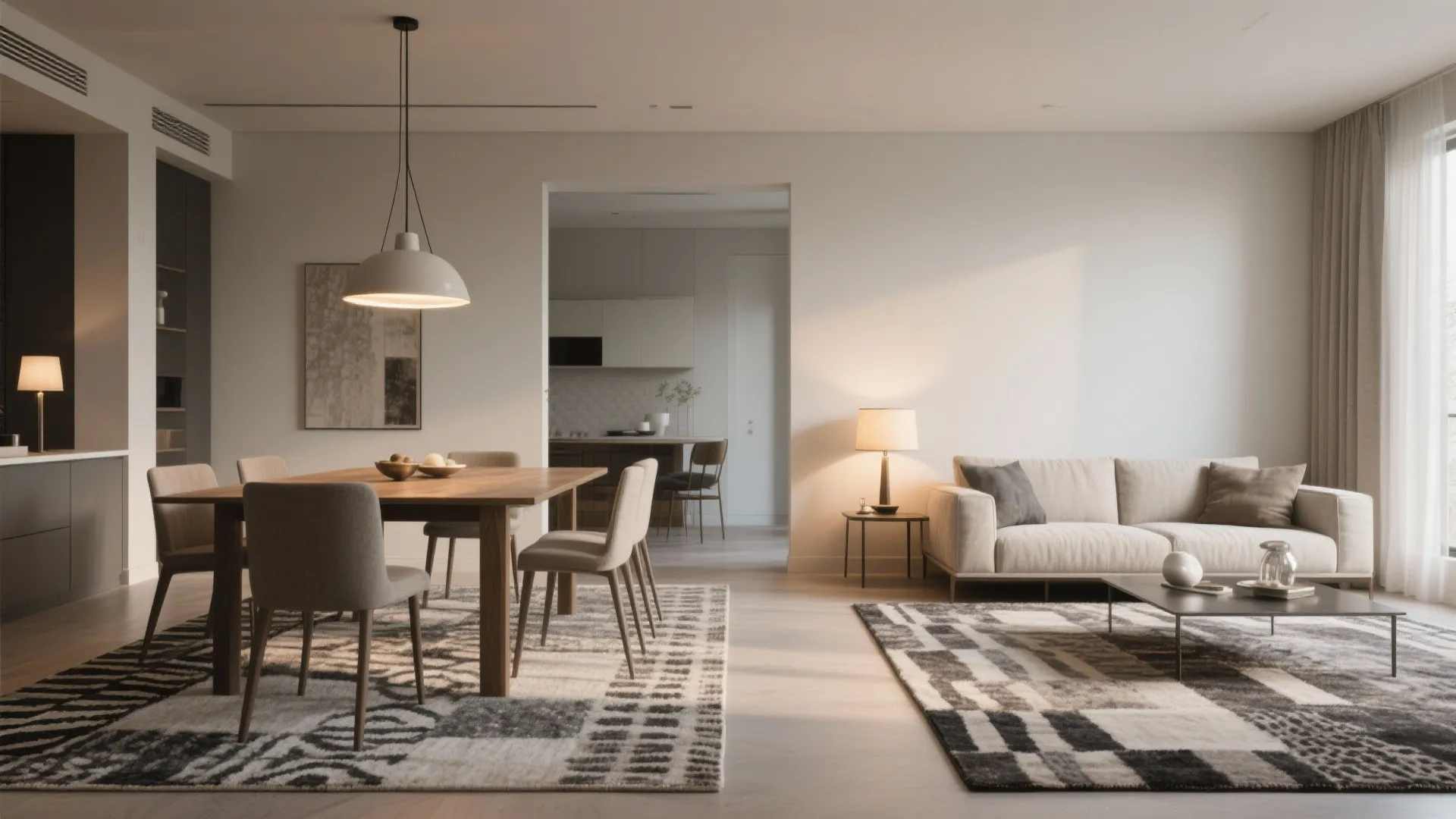 2. Visual Zoning with Rugs and Lighting