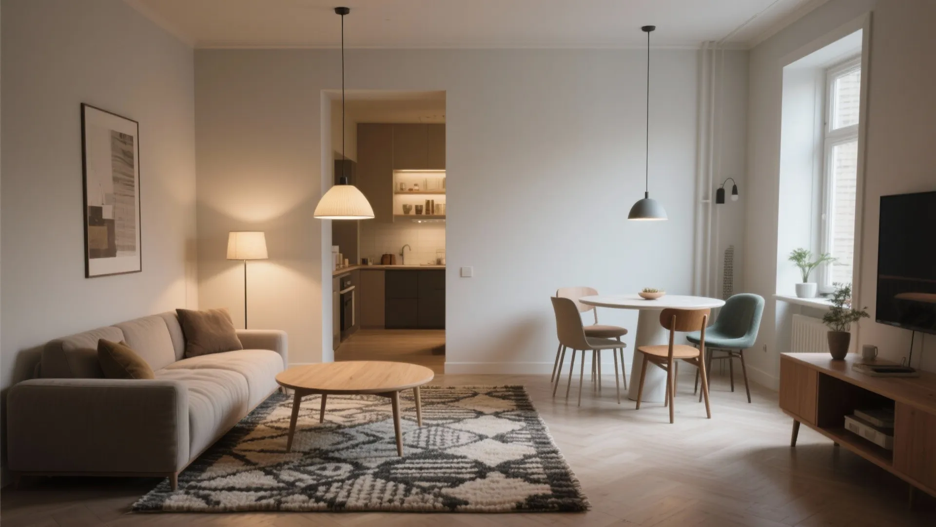 Open-plan living and dining separated by rugs and layered lighting for distinct zones