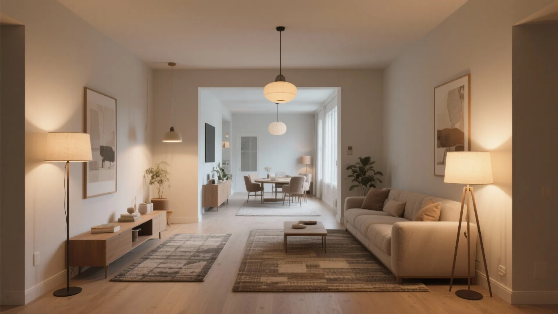 Modern open living room with cream sofa wood floor area rug ceiling light and dining area