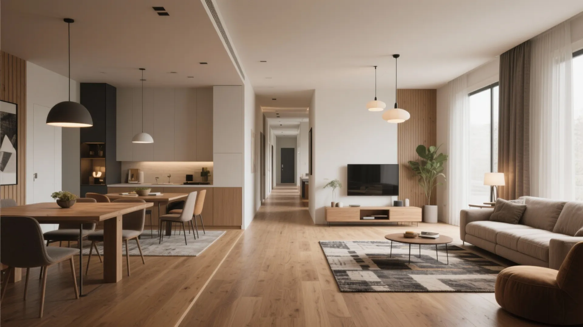 Open plan room layout with kitchen, dining area, living room sofa, and long hallway view